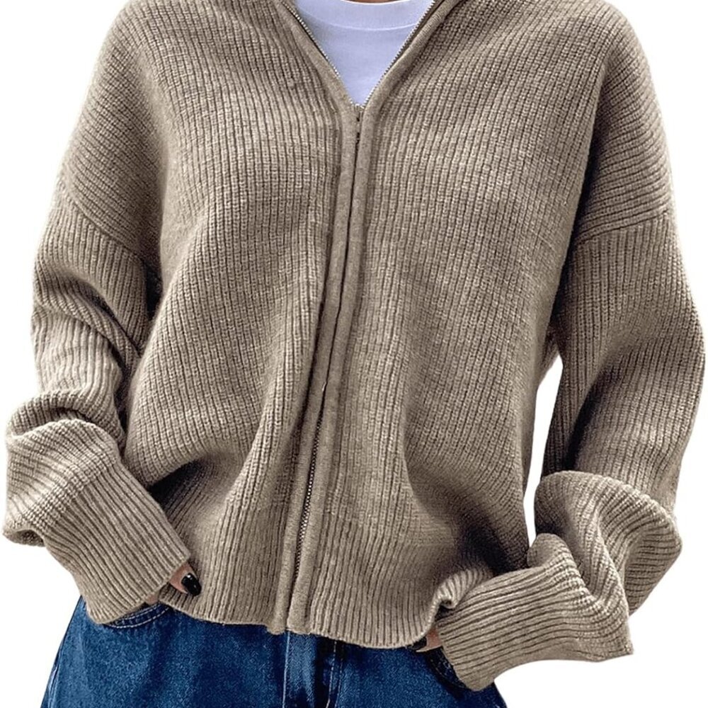 Women's Zip Up Hooded Cardigan Sweater Knitted Drop Shoulder Fall Hoodies Outerw